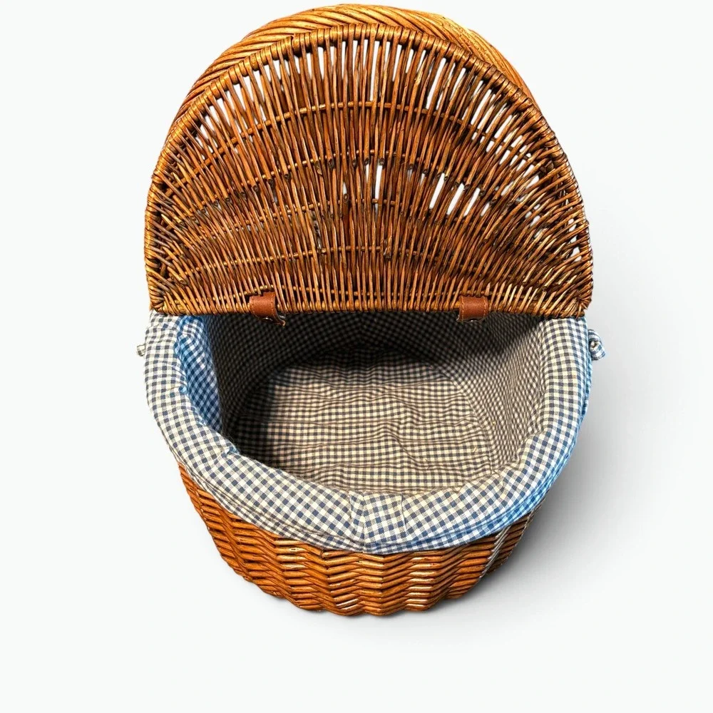 Cottagecore Wicker Picnic Basket Gingham Lined Double Lid Woven Hamper 18x13x9